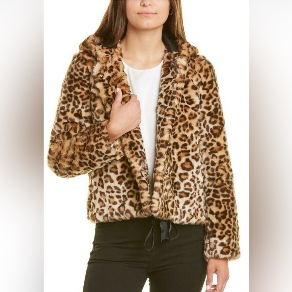 Sandro Paris Leopard Faux Fur Hooded Jacket Coat Size Small